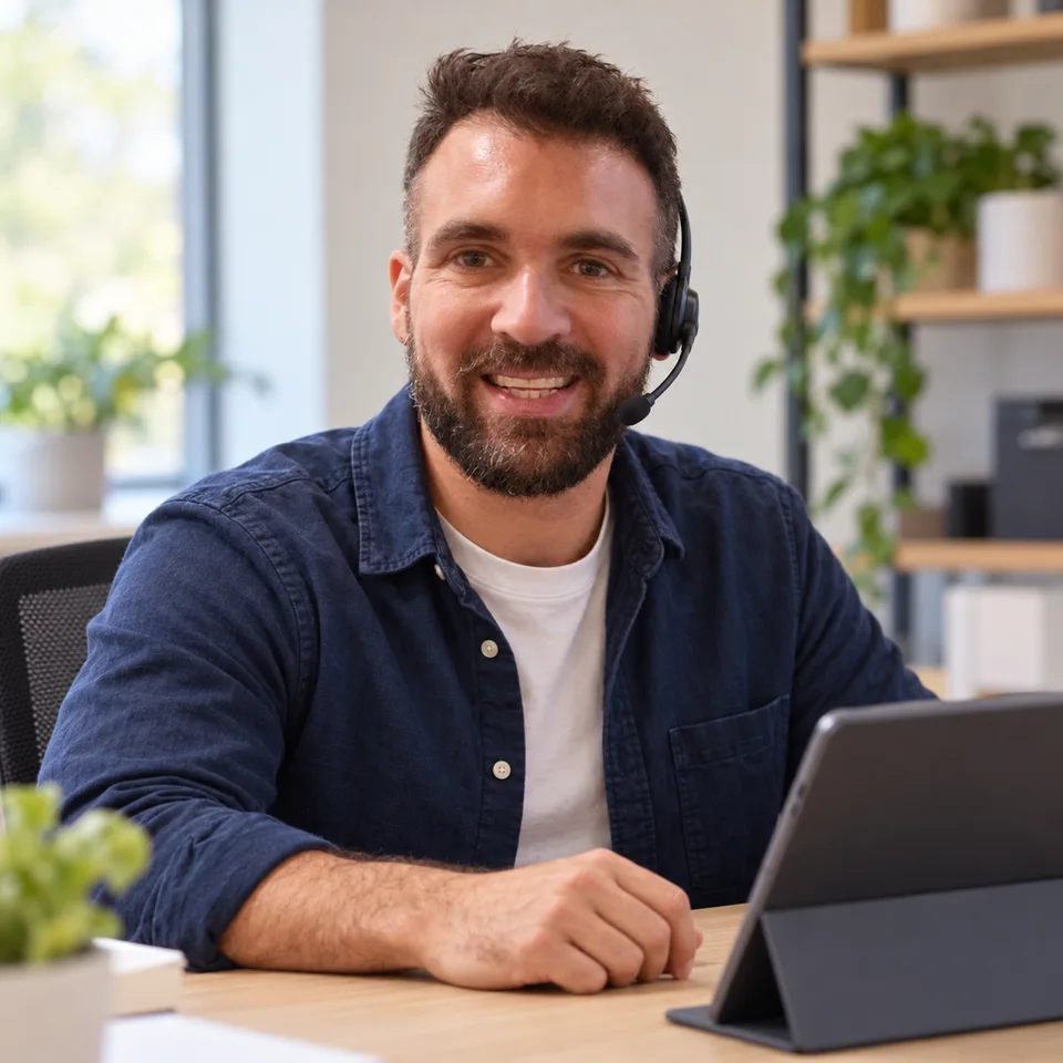Charlie Chispas, personaje de la marca, con auriculares frente a una tableta.